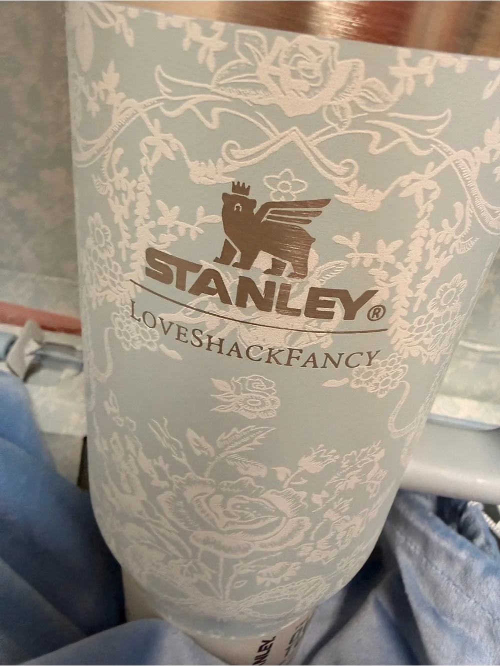LoveShackFancy Pale Blue Floral Stanley Travel Mug with Handle